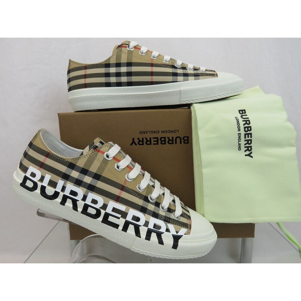 NIB BURBERRY LARKHALL BEIGE CHECK CANVAS LOGO WHITE CAP TOE UNISEX SNEAKERS 42 - Picture 2 of 13